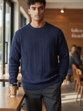 Lord & Taylor Navy Blue Cable Knit Sweater 100% Cotton Crewneck Preppy Vtg